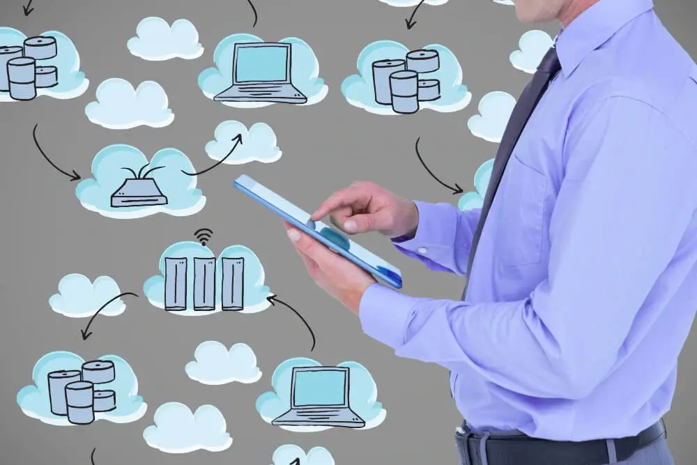 man with tablet clouds background icons
