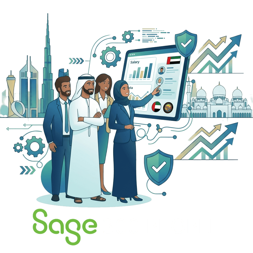 Flat vector illustration banner for Sage 300 People HR and payroll software in the UAE. The image features a diverse team of corporate professionals, including a man in a traditional Emirati kandura and a woman in a hijab, standing in front of a digital dashboard displaying salary charts and the UAE flag. In the background, a stylized teal and blue skyline depicts iconic Dubai and UAE landmarks like the Burj Khalifa, accented by abstract growth arrows, gears, and compliance shield icons.